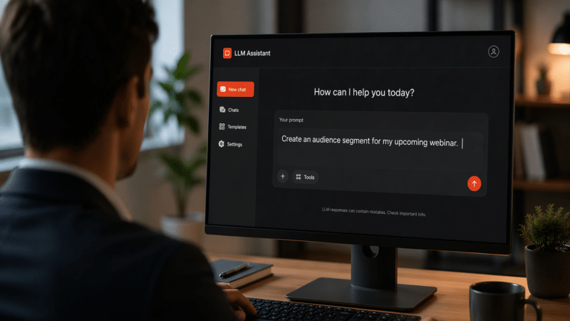 Futuristic AI interface controlling Marketo campaigns on a glowing dashboard at Adobe Summit