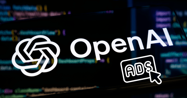 OpenAI logo with abstract digital advertising imagery