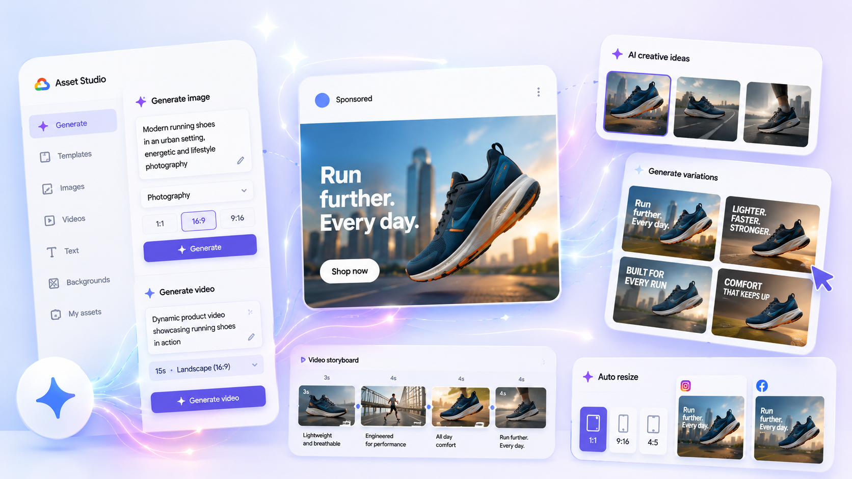 Screenshot of Google Asset Studio interface showing AI-powered creative generation options