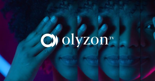 Olyzon logo with a backdrop of abstract digital connections, symbolizing AI and advertising networks.