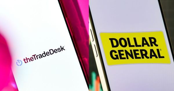 Graphic illustration of a laptop screen displaying advertising metrics and icons representing brands and retail products.