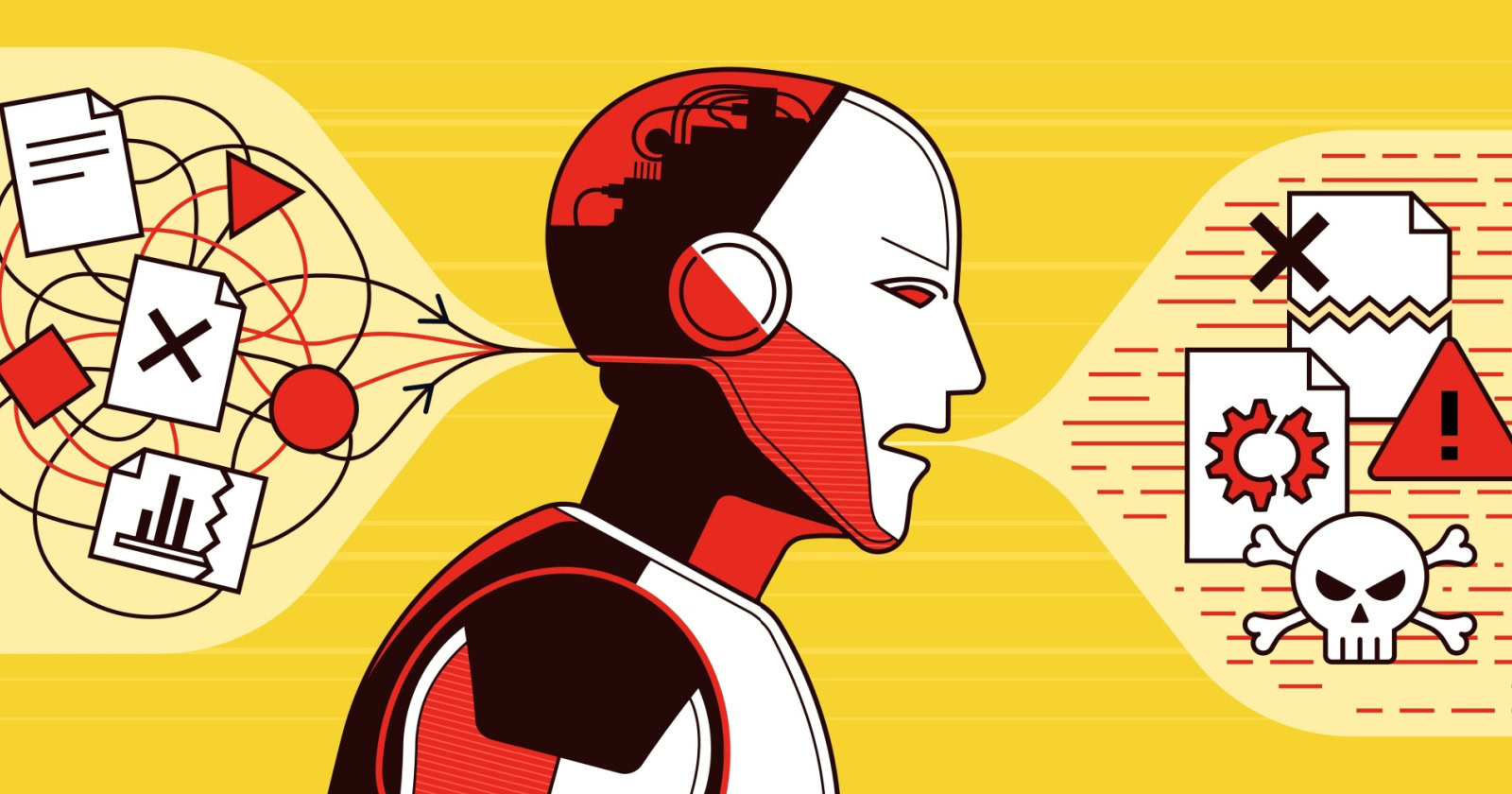 Illustration of a looping conveyor belt churning out fake AI-generated SEO articles