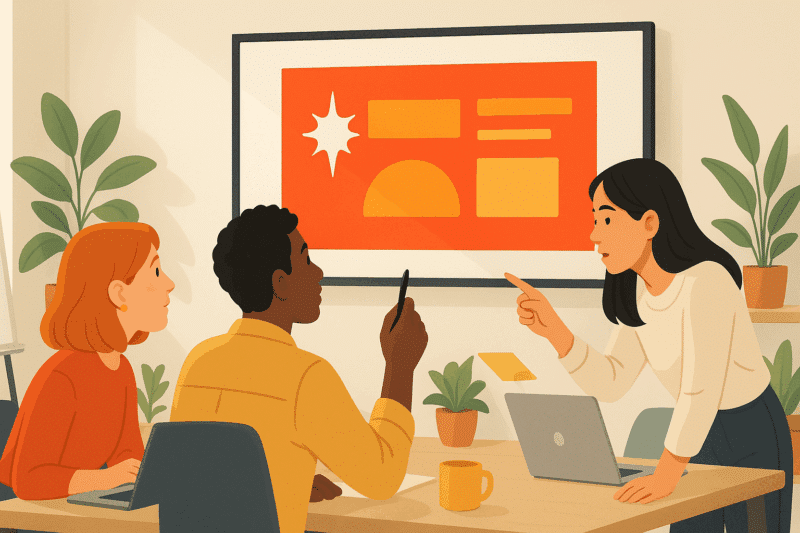 Illustration of sales rep steering a chaotic content bus off a cliff while marketing holds a strategic map