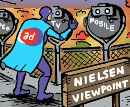 Ad executives negotiating amid AI screens and Nielsen charts at upfronts