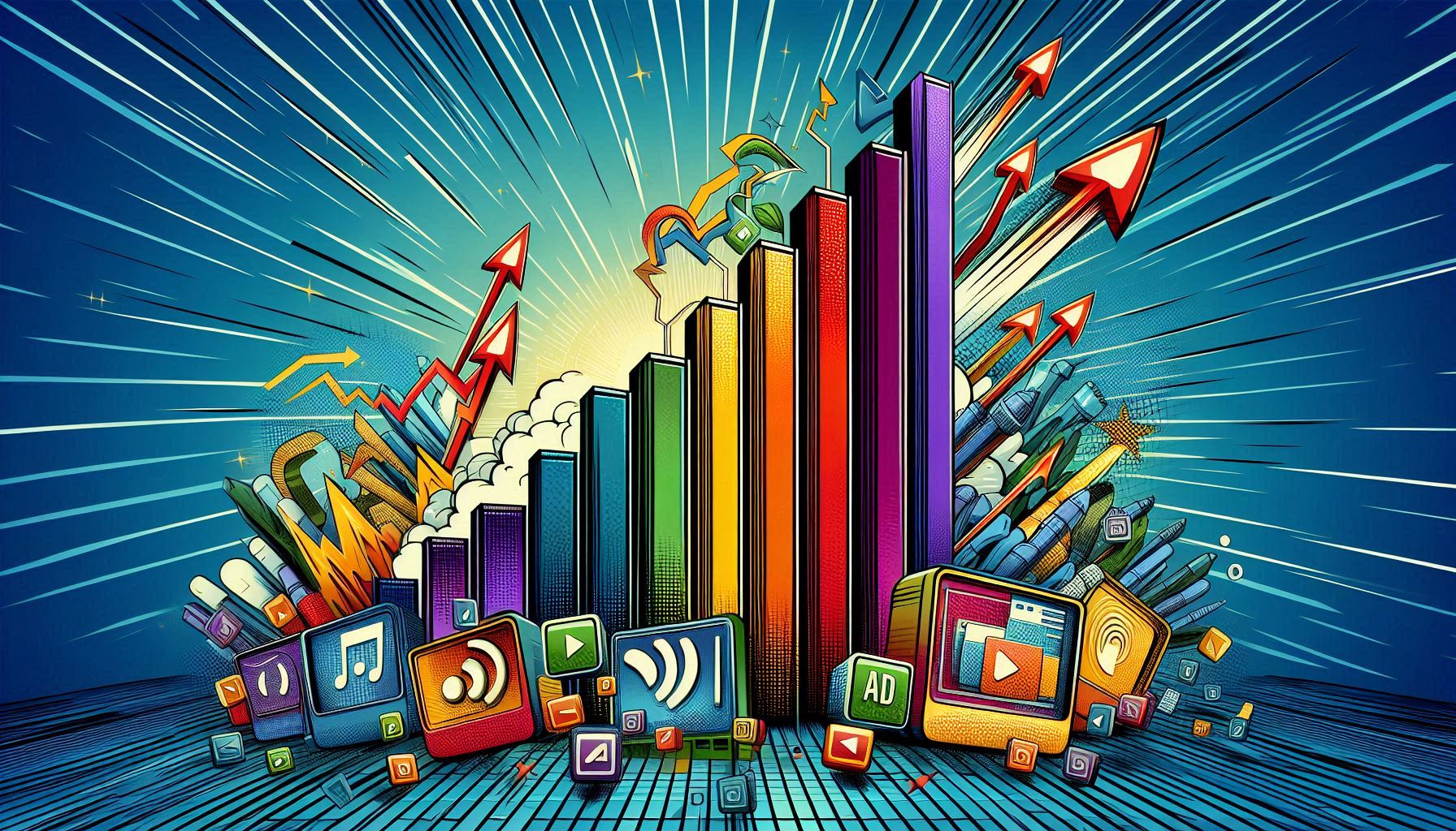 Conceptual image of digital ads appearing on multiple screens, including a smartphone with vertical video and a smart TV displaying a paused show.