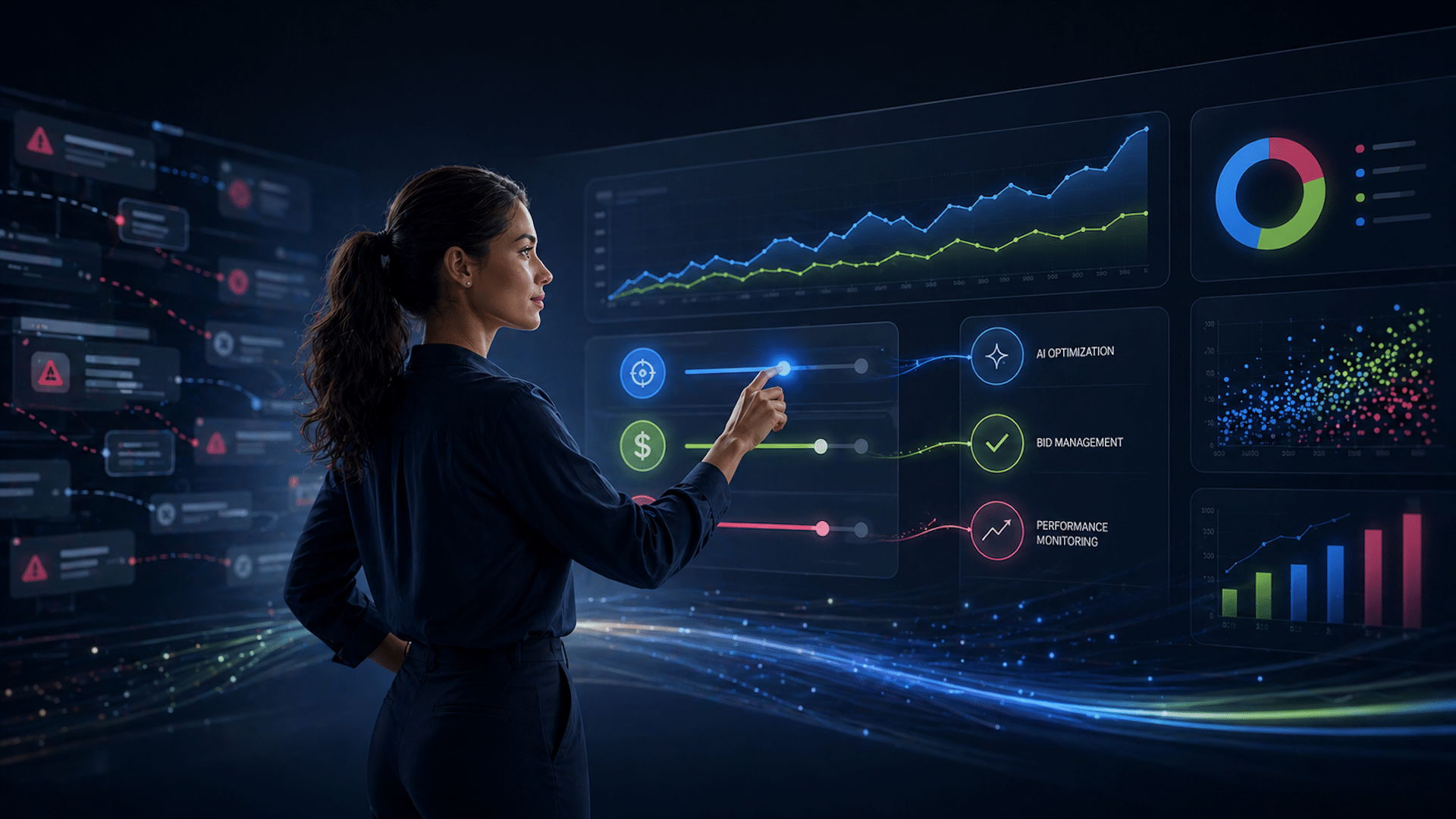 A person looking thoughtfully at a complex dashboard displaying PPC campaign data, with subtle AI-related graphics overlaid.