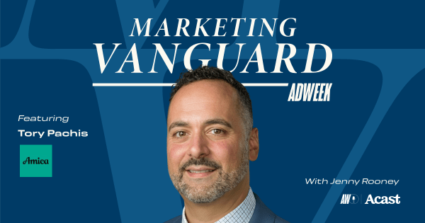 Tory Pachis, EVP and CMO of Amica Insurance, speaking at a marketing conference.