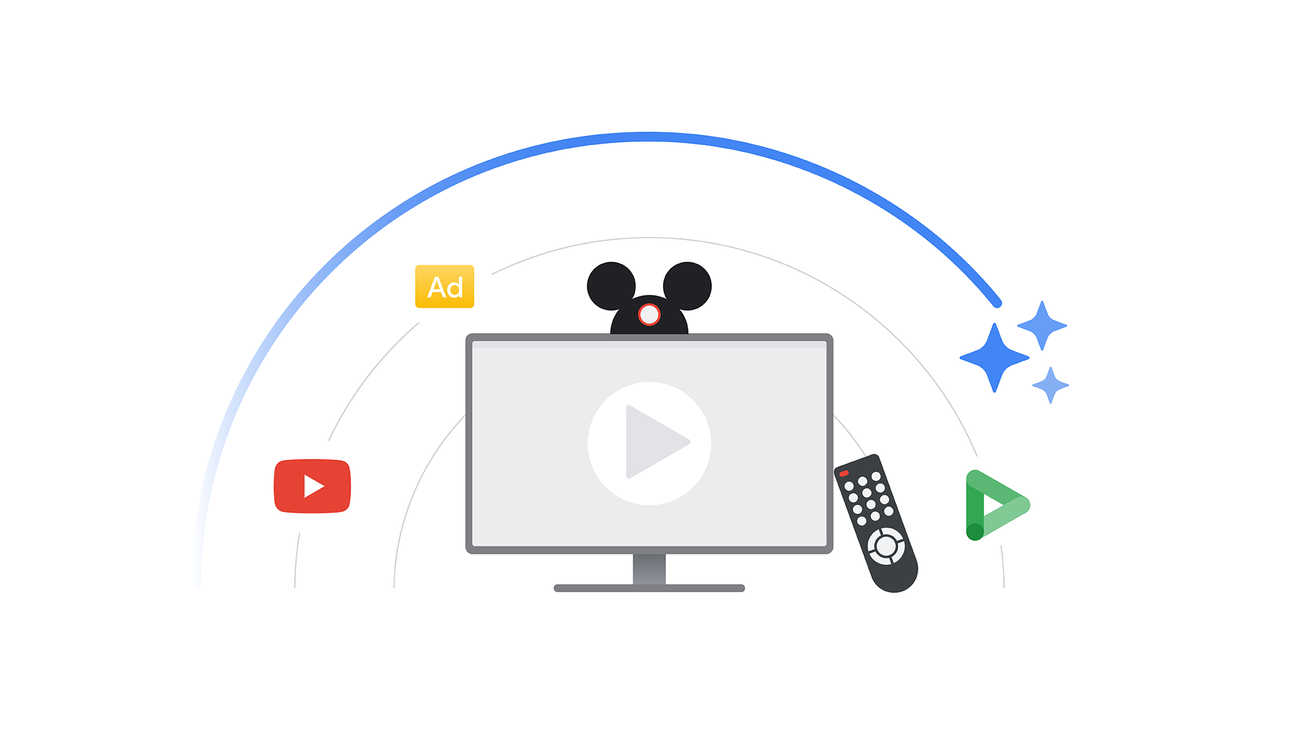 A split screen showing the Google Display & Video 360 logo and the Disney logo, with streaming service interfaces visible.