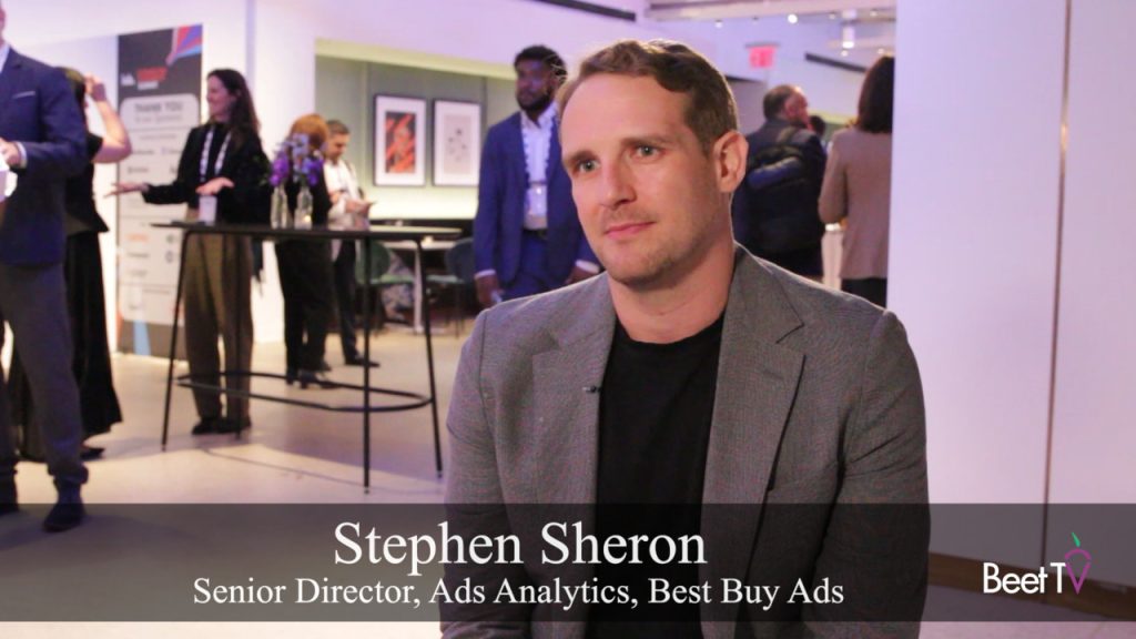 Graphic illustrating Best Buy Ads' layered measurement approach, featuring icons for geo-testing, SKU attribution, and MMM.