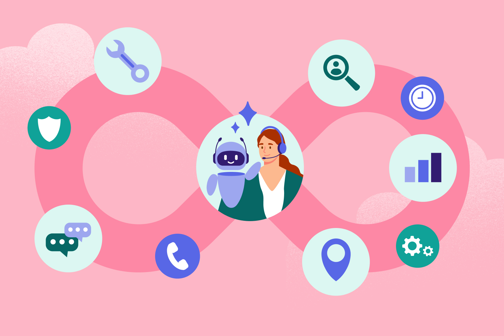 A futuristic depiction of interconnected AI agents and human teams collaborating smoothly to serve customers.