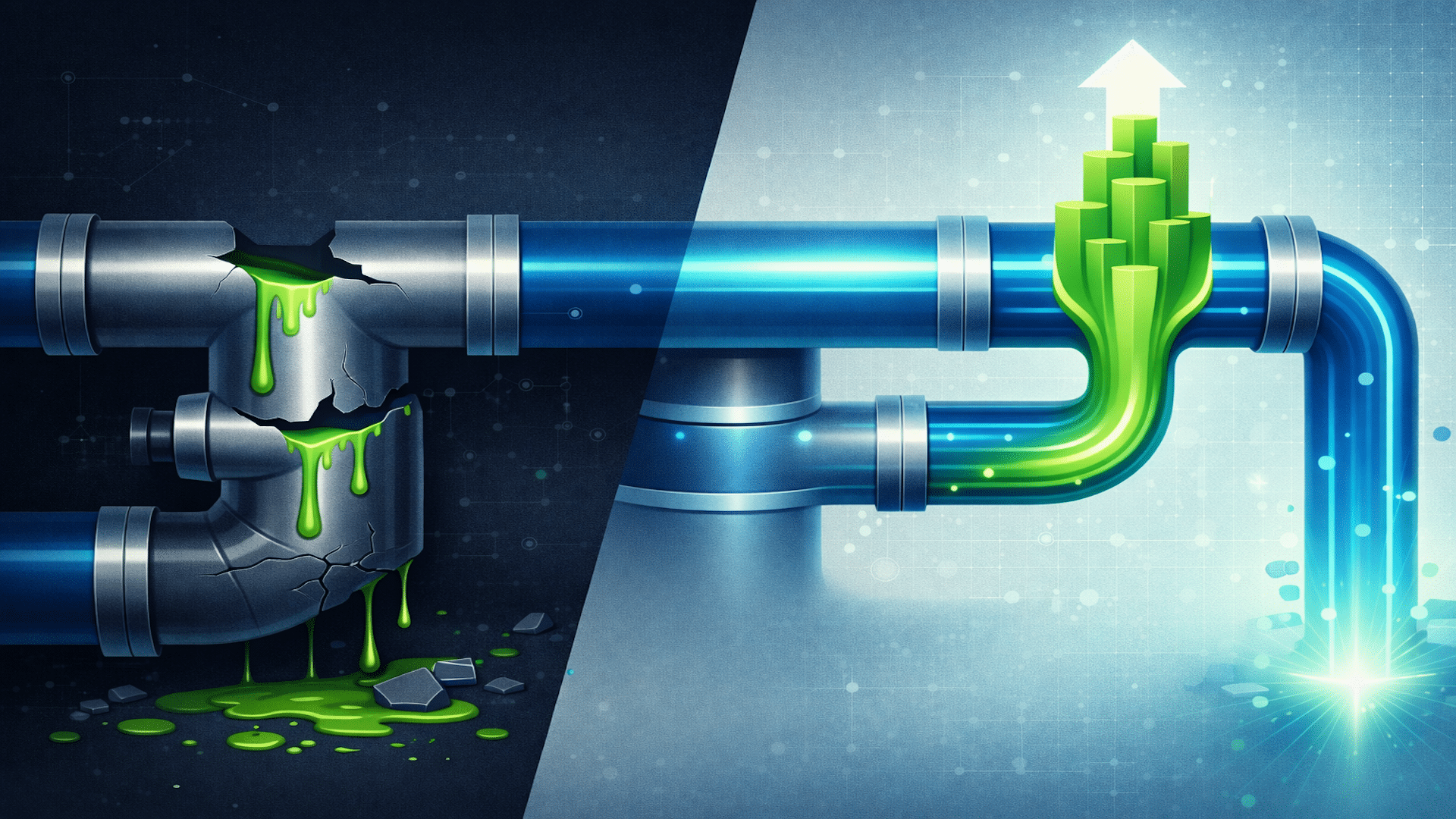 Infographic of paid media funnel with 30% waste highlighted in red leaking dollars