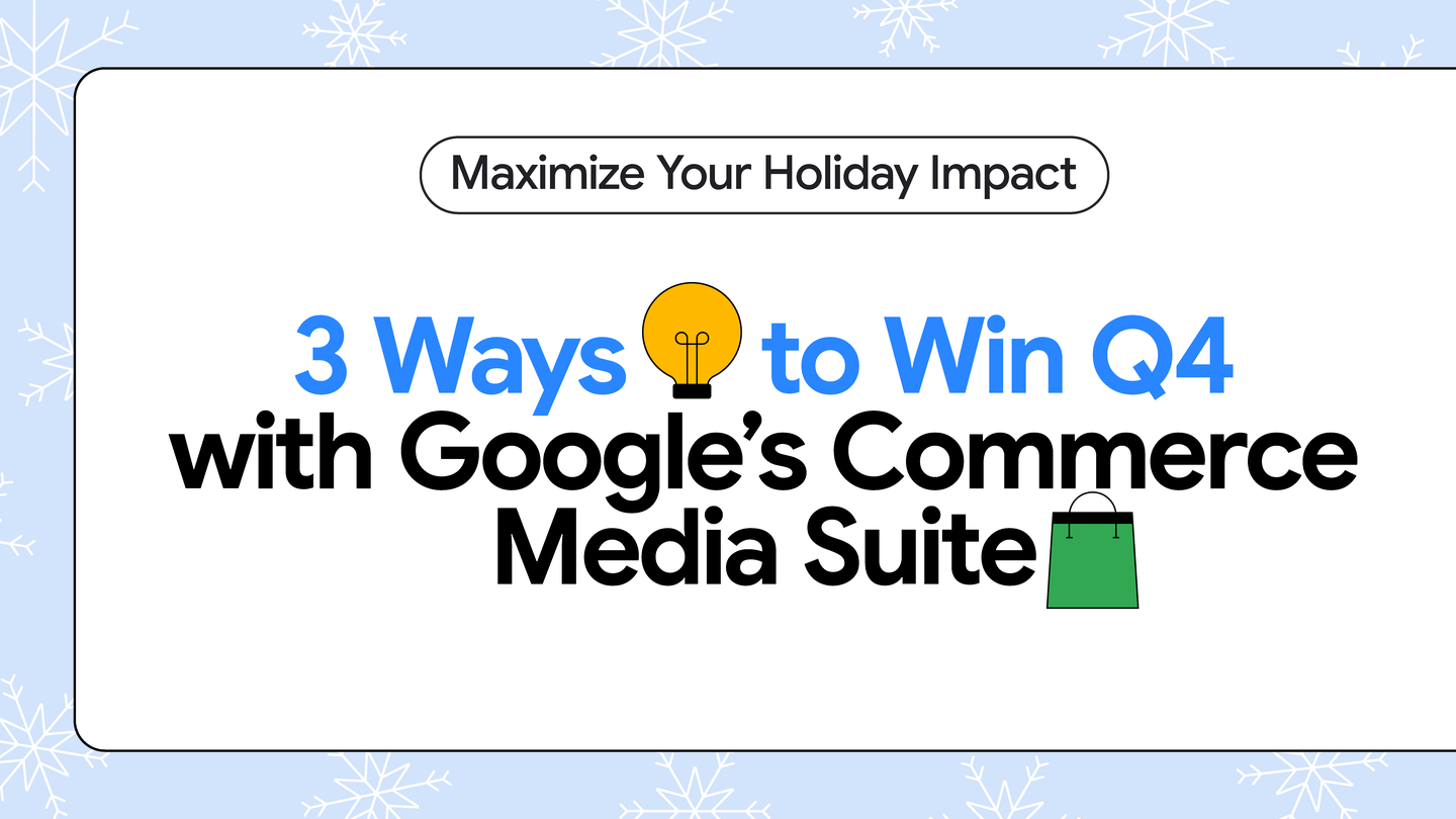 A graphic depicting Google's Commerce Media Suite interface with holiday-themed icons.