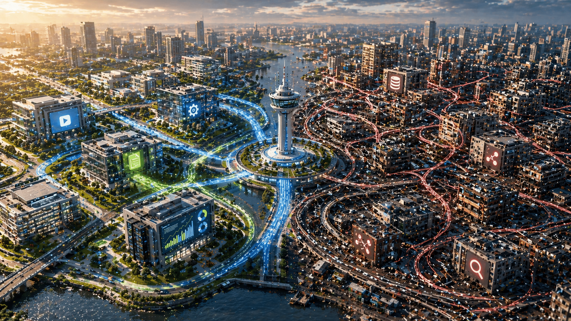 A stylized cityscape with interconnected buildings representing different SEO functions and AI integrations.