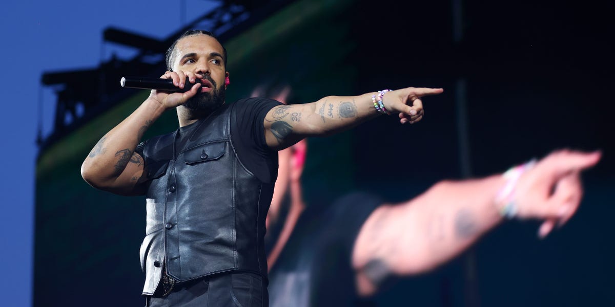 A stylized image depicting a music streaming interface with Drake's album covers prominently displayed, overlaid with abstract data visualizations.