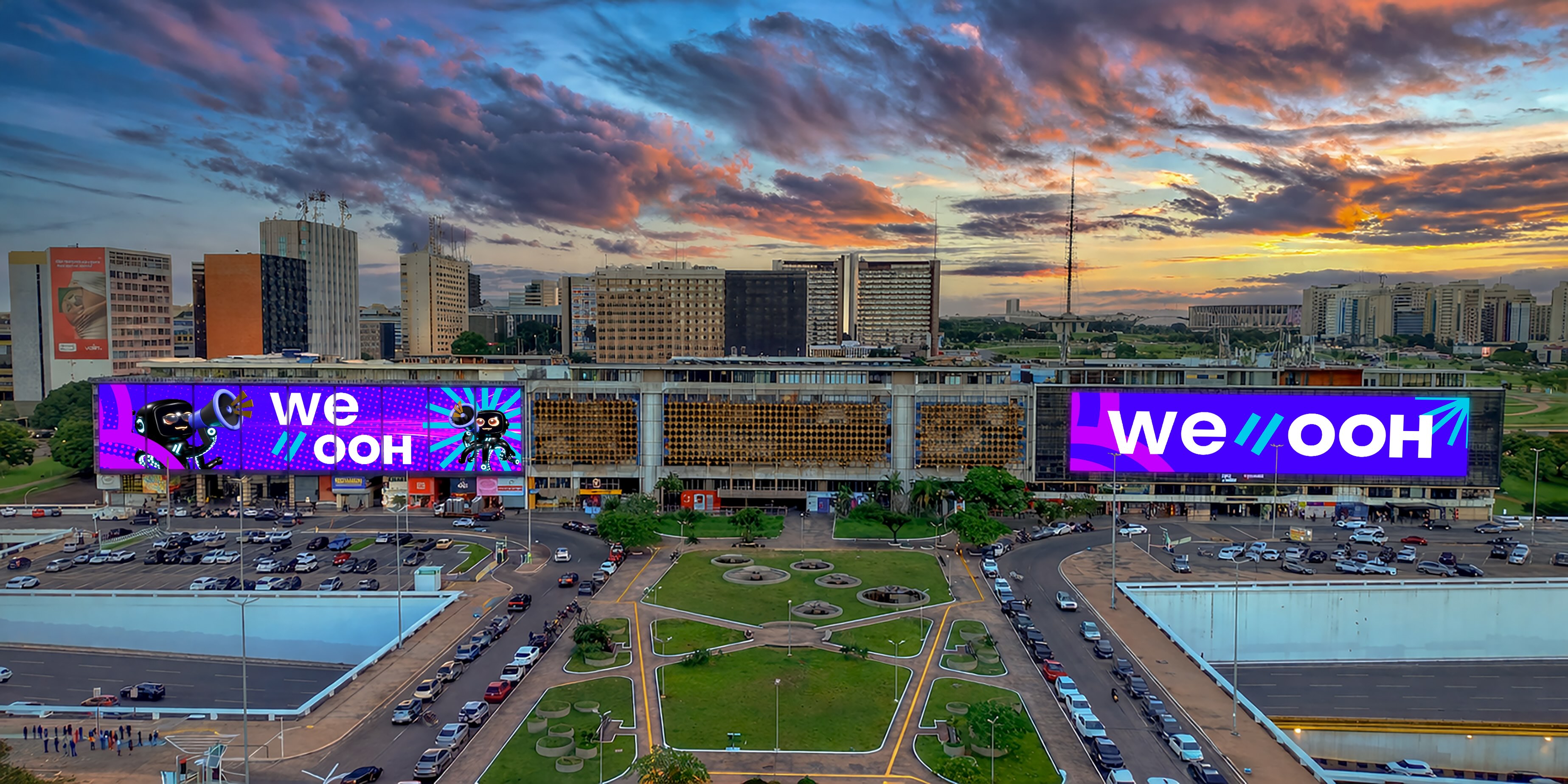 A vibrant image of digital billboards in a bustling Brazilian city at night, showcasing dynamic advertisements.