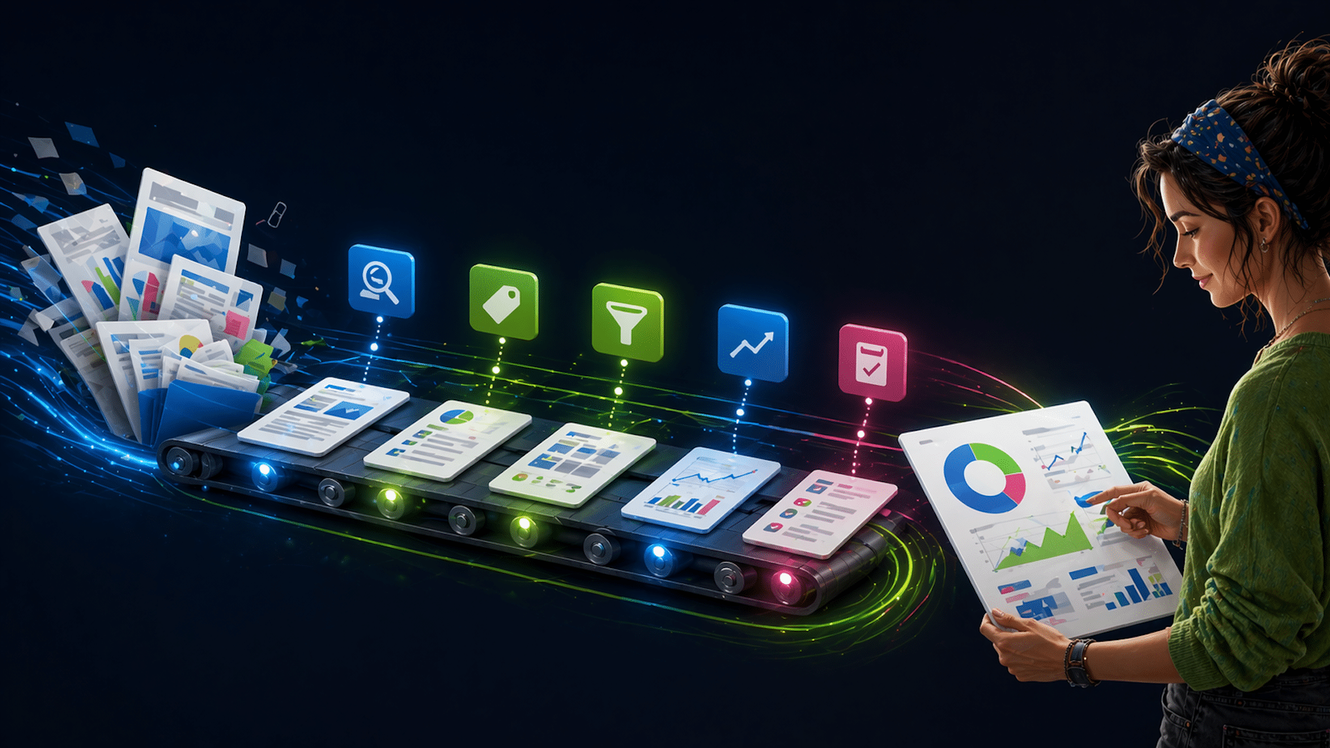 A person sitting at a desk with multiple computer screens displaying charts and graphs, with a robot arm assisting in organizing documents, symbolizing AI automation in SEO.