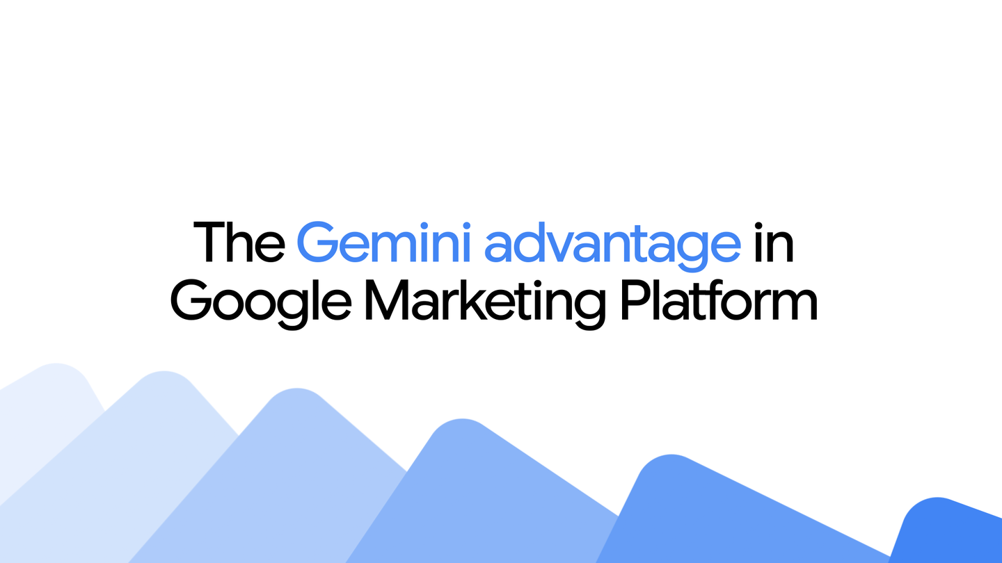 Google Marketing Platform dashboard glowing with Gemini AI insights and consumer journey visualization