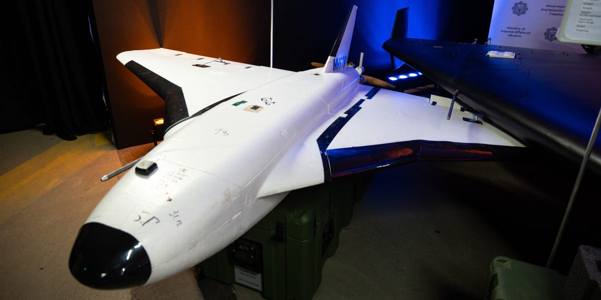 Photograph of a downed Russian Gerbera drone with an exposed electronic component, likely an antenna.