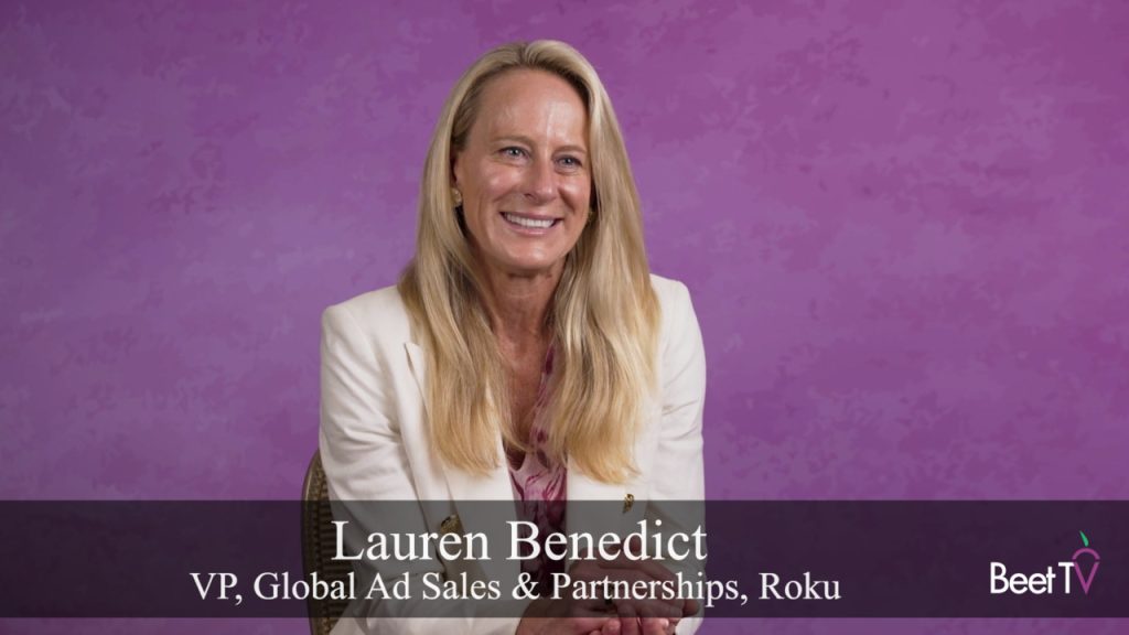 Lauren Benedict, VP of global ad sales and partnerships at Roku, speaking on stage at the Possible conference.