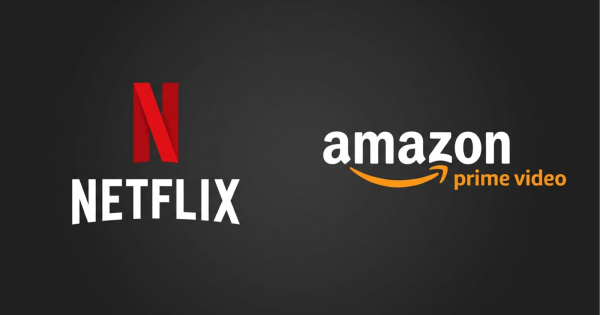 A graphic showing the logos of Amazon and Netflix merging.