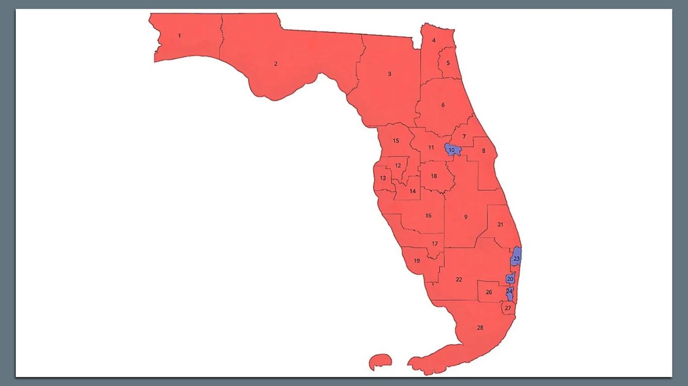 A map of Florida with congressional districts highlighted in red and blue.