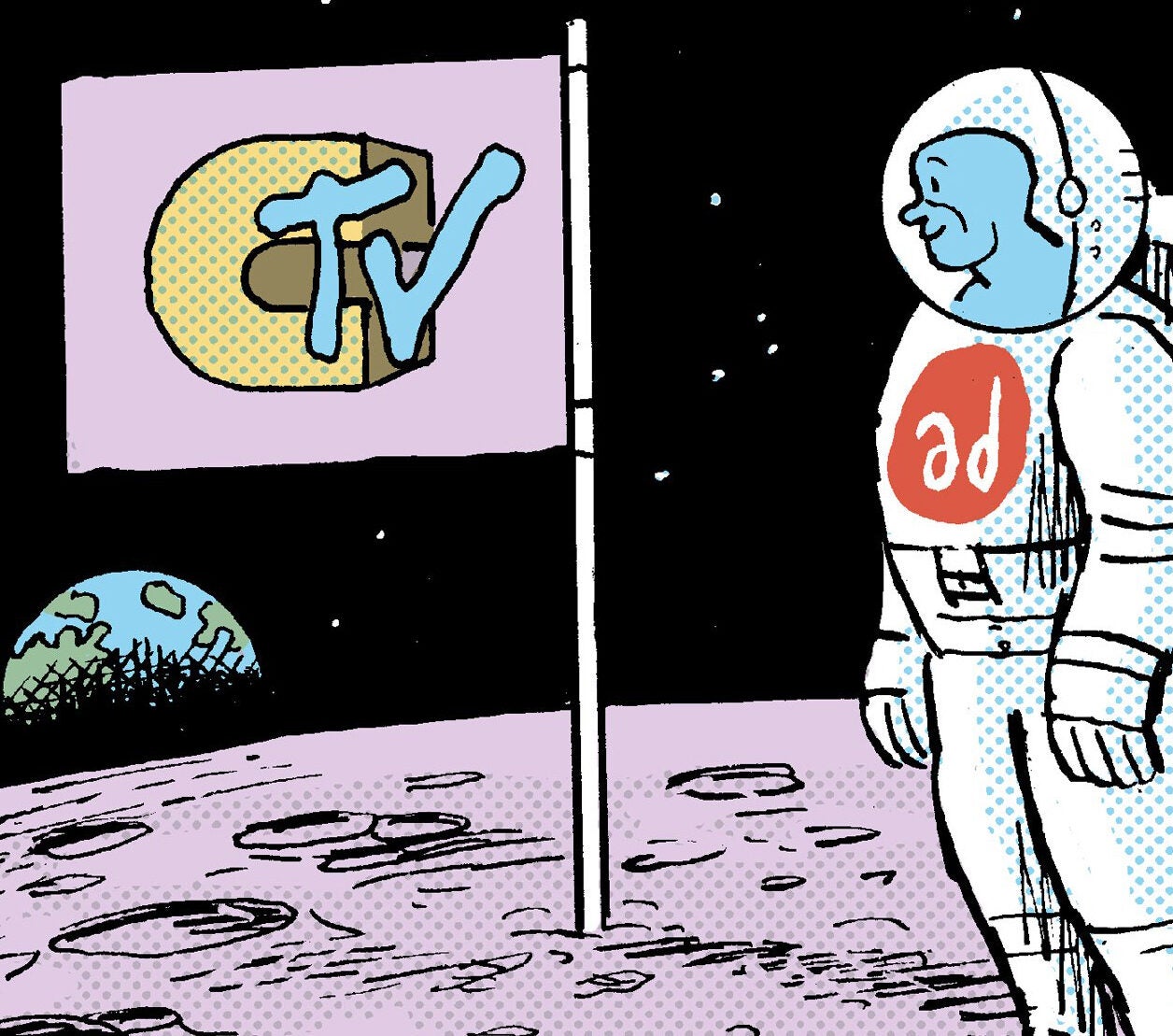 A graphic showing a podcast icon transforming into a TV screen with advertising symbols.