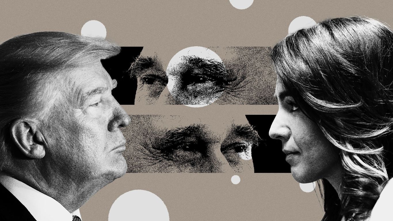 Roger Stone on phone with Trump imagery, Tulsi Gabbard in Oval Office backdrop