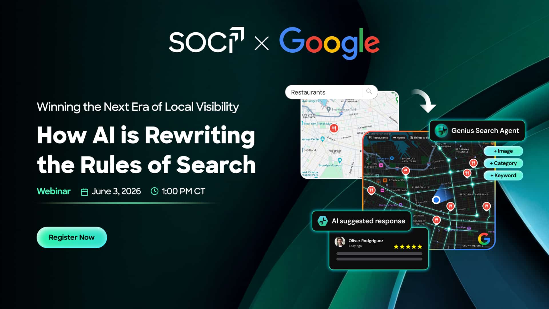A graphic illustrating the interconnectedness of AI, Google Search, and local business discovery.